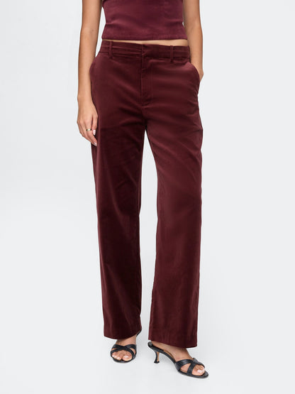Bordo High Rise Kadife Straight Pantolon
