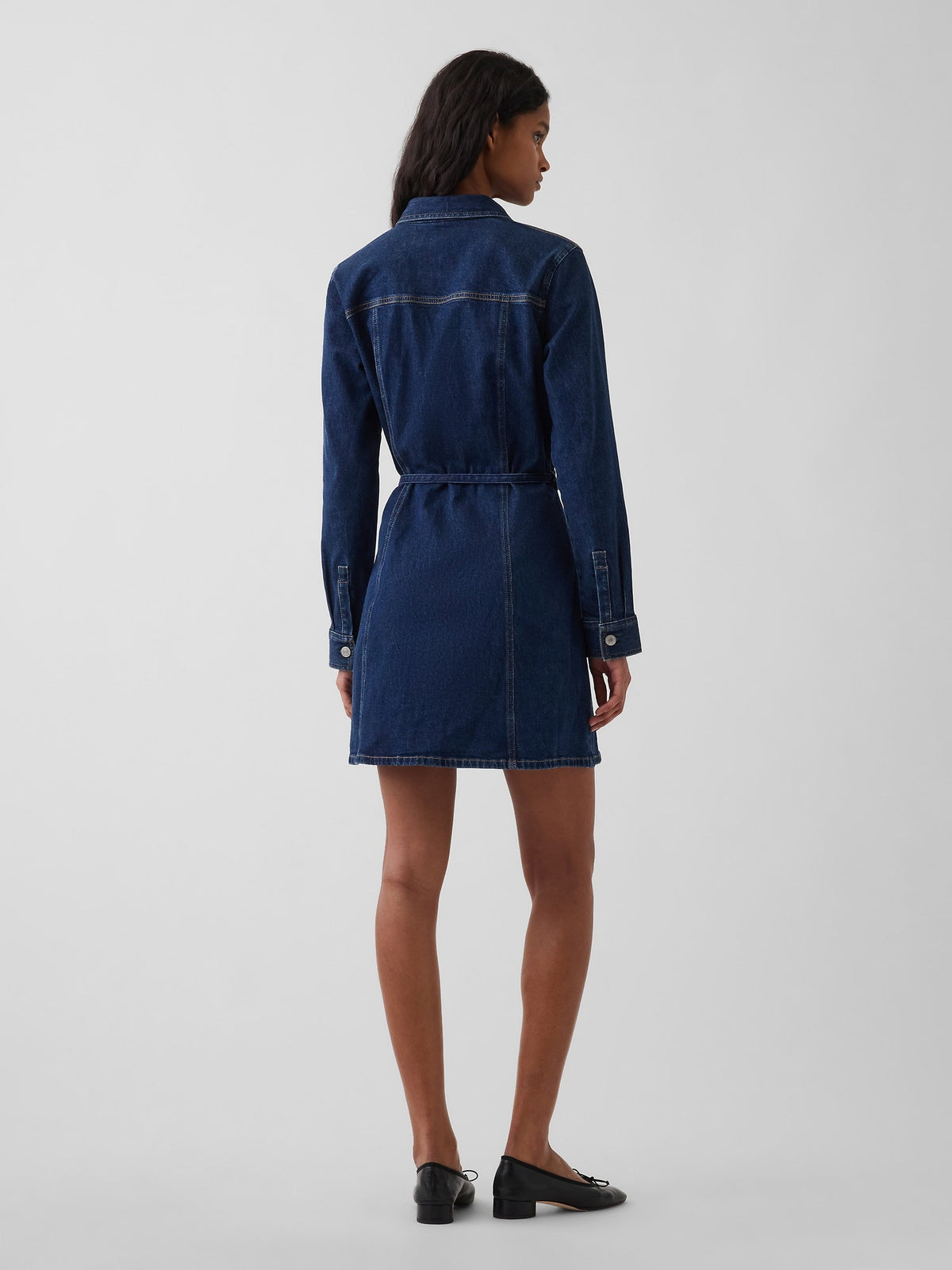 Koyu Mavi Denim Kemerli Mini Elbise