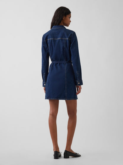 Koyu Mavi Denim Kemerli Mini Elbise