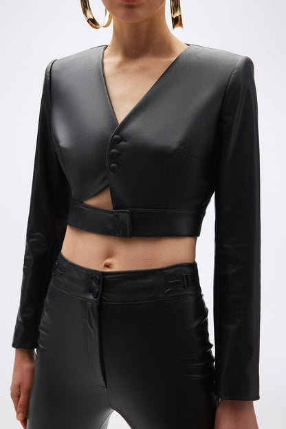Cut-out Detaylı Siyah Crop Ceket