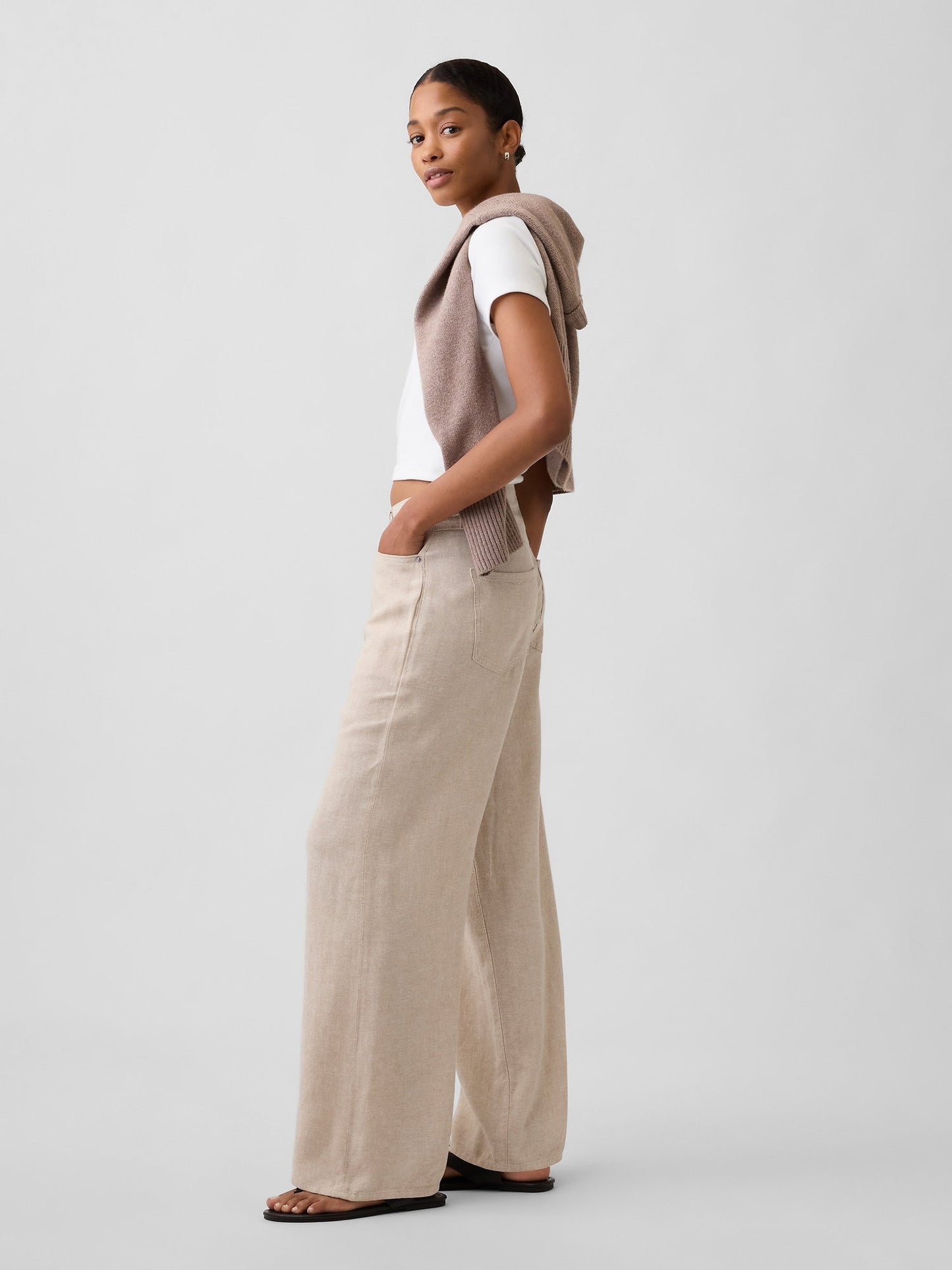 Bej High Rise Keten Karışımı Wide-leg Pantolon