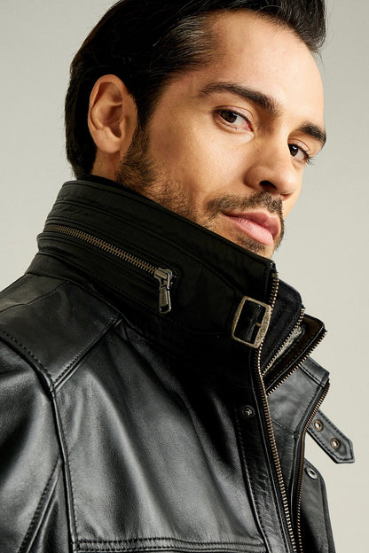 Eduardo Erkek Siyah Çift Yakalı Kürklü Deri Kaban