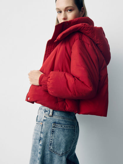 Kırmızı Crop Puffer Mont