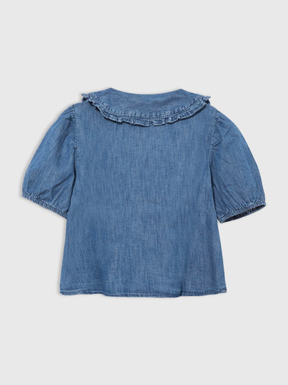 Koyu Mavi Fırfır Yakalı Denim Gömlek