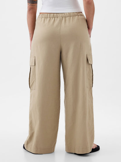 Bej Keten Karışımlı Pull-on Kargo Pantolon