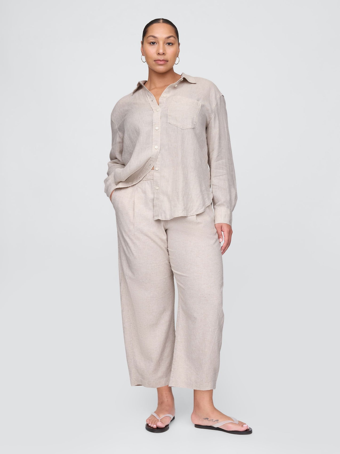 Bej Mid Rise Keten Karışımlı Barrel Pantolon