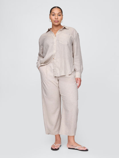 Bej Mid Rise Keten Karışımlı Barrel Pantolon