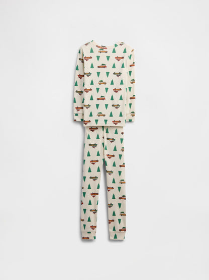 Kırık Beyaz %100 Organik Pamuk X-mas Tree Baskılı Pijama Takımı