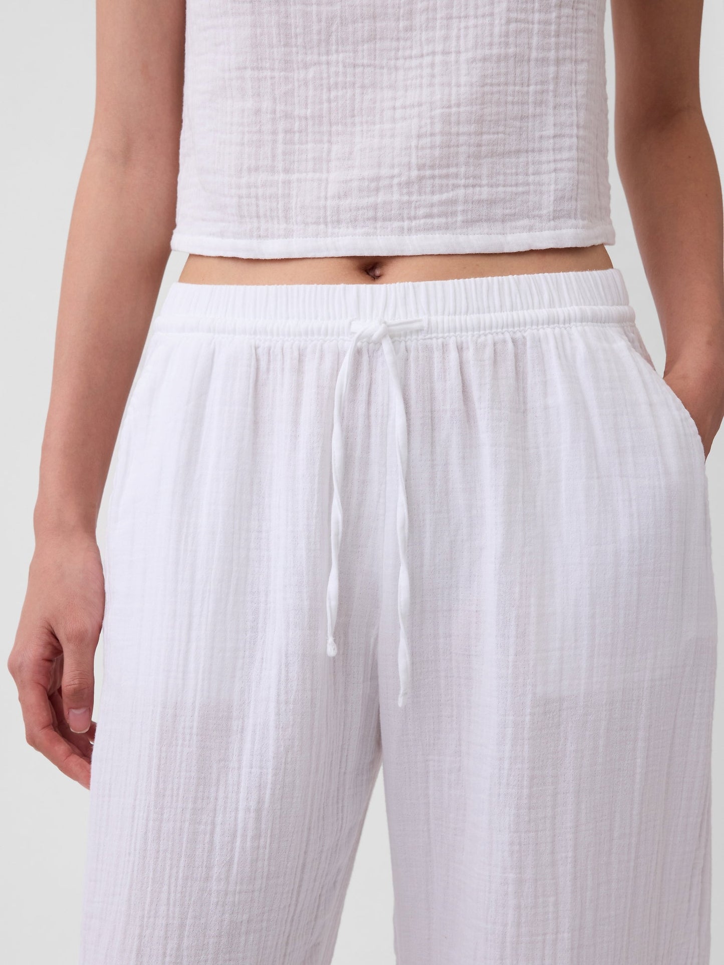 Beyaz Pamuk Gauze Barrel Jogger Pantolon