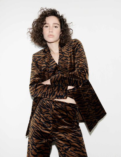 Kadife Leopar Desenli Wide Leg Pantolon