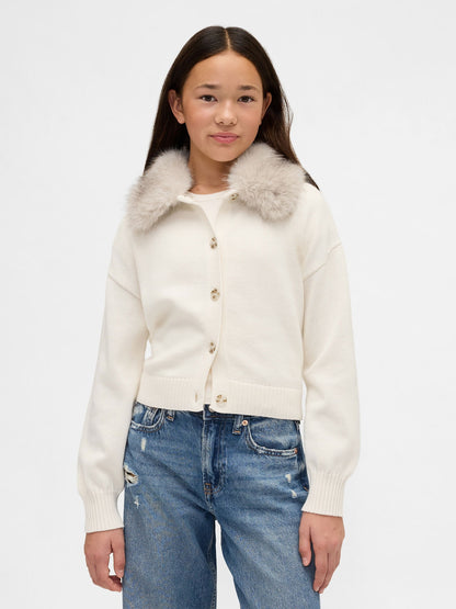Krem Faux Fur-collar Triko Hırka