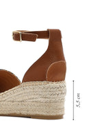 Kadın Taba Bilekten Tokalı Dolgu Topuklu Hasır Deri Espadril Sandalet