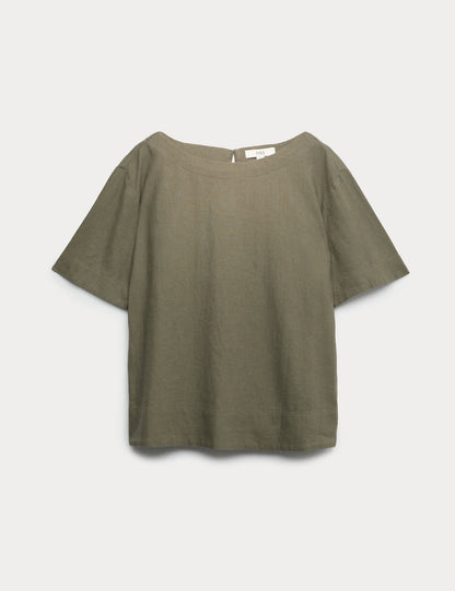 Keten Karışımlı Scoop Yaka T-shirt