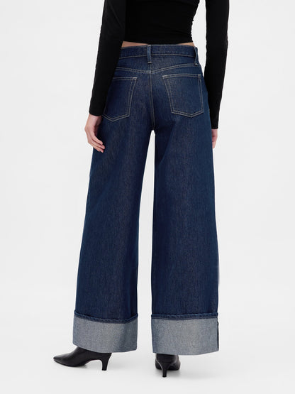 Koyu Mavi Mid Rise Metalik Cuffed Baggy Jean Pantolon