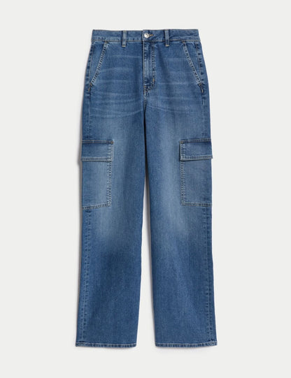 Yüksek Bel Wide Leg Kargo Jean Pantolon