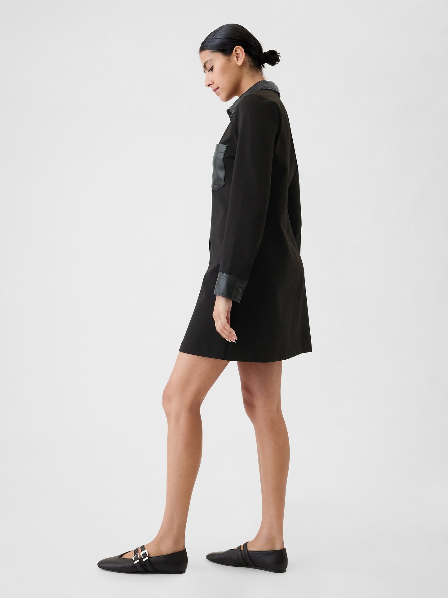 Siyah Suni Vegan Deri Shift Mini Elbise