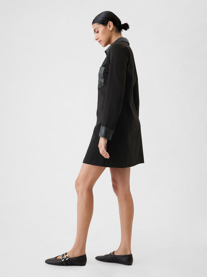 Siyah Suni Vegan Deri Shift Mini Elbise