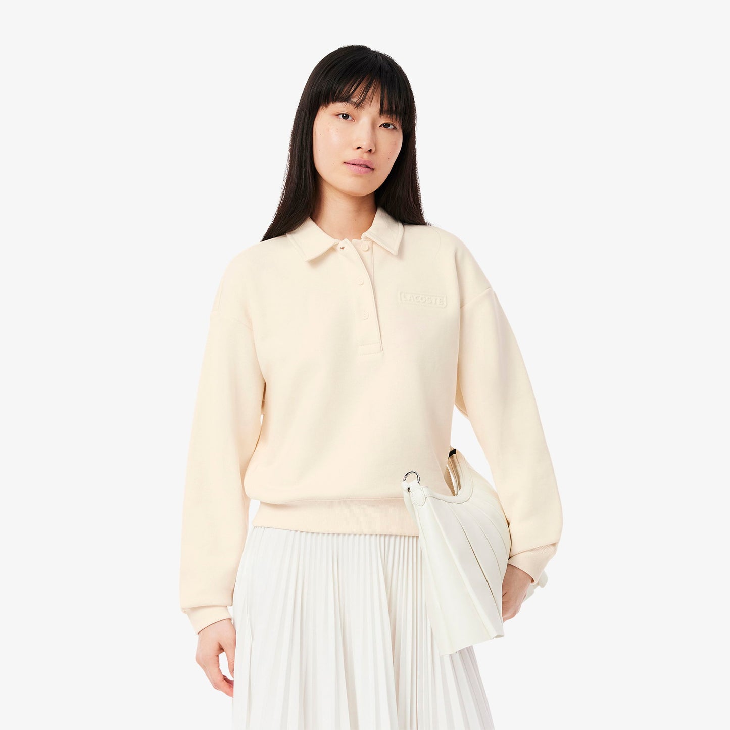 Lacoste Kadın Relaxed Fit Polo Yaka Krem Sweatshirt