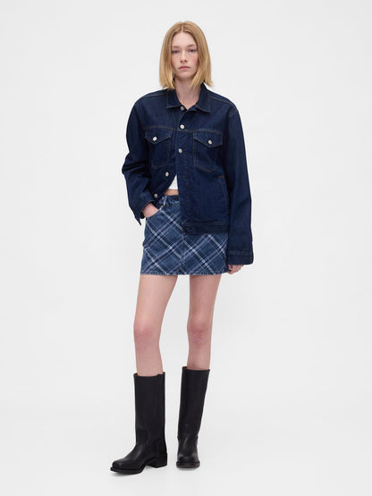 Koyu Mavi Denim Kareli Mini Etek