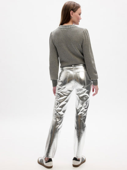 Gri High Rise Vintage Slim Vegan Suni Deri Pantolon