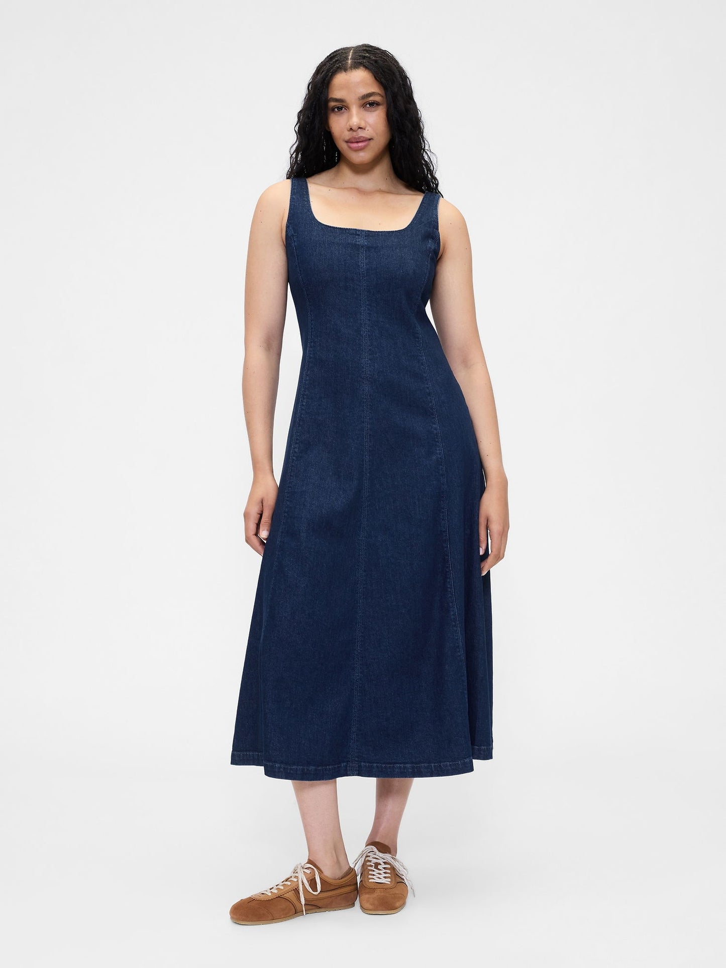 Lacivert Denim Kare Yaka Maxi Elbise