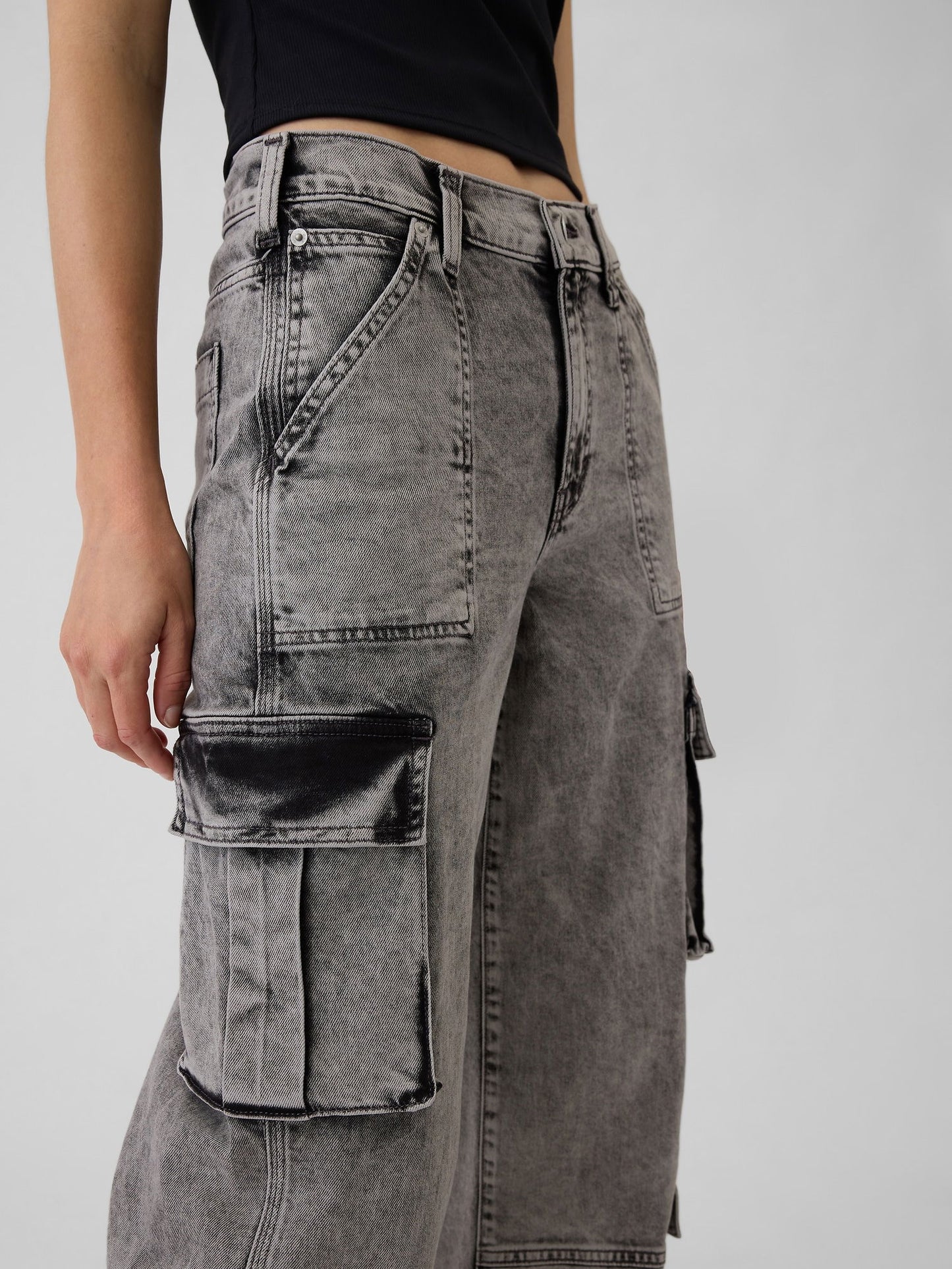 Siyah Mid Rise Double Cargo '90s Loose Jean Pantolon