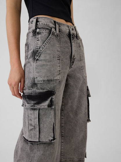 Siyah Mid Rise Double Cargo '90s Loose Jean Pantolon