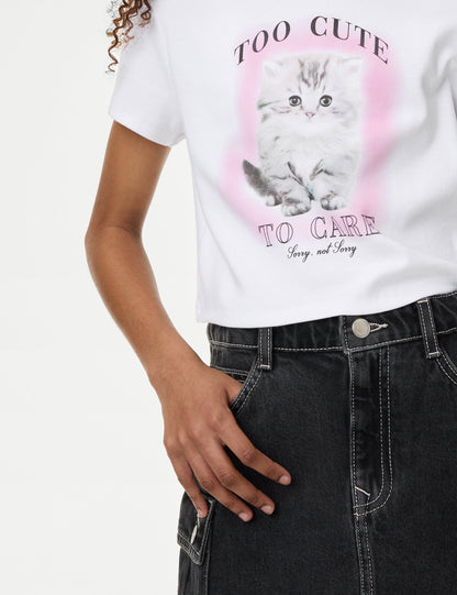 Kedi Desenli Crop T-shirt (2-16 Yaş)