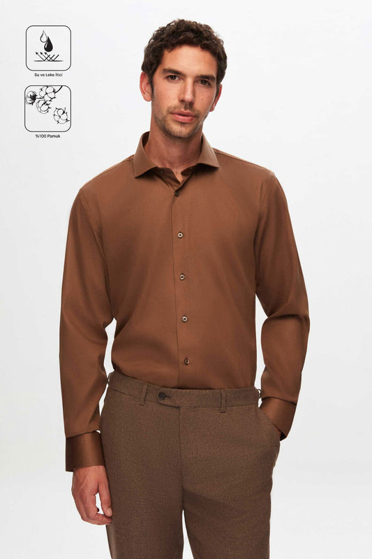 Damat Slim Fit Kahverengi Düz Nano Care Gömlek