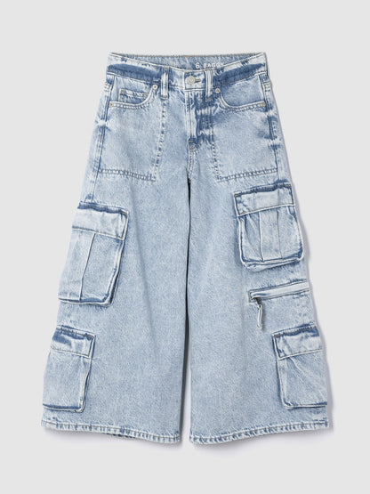 Açık Mavi Mid Rise Double Kargo Baggy Jean Pantolon