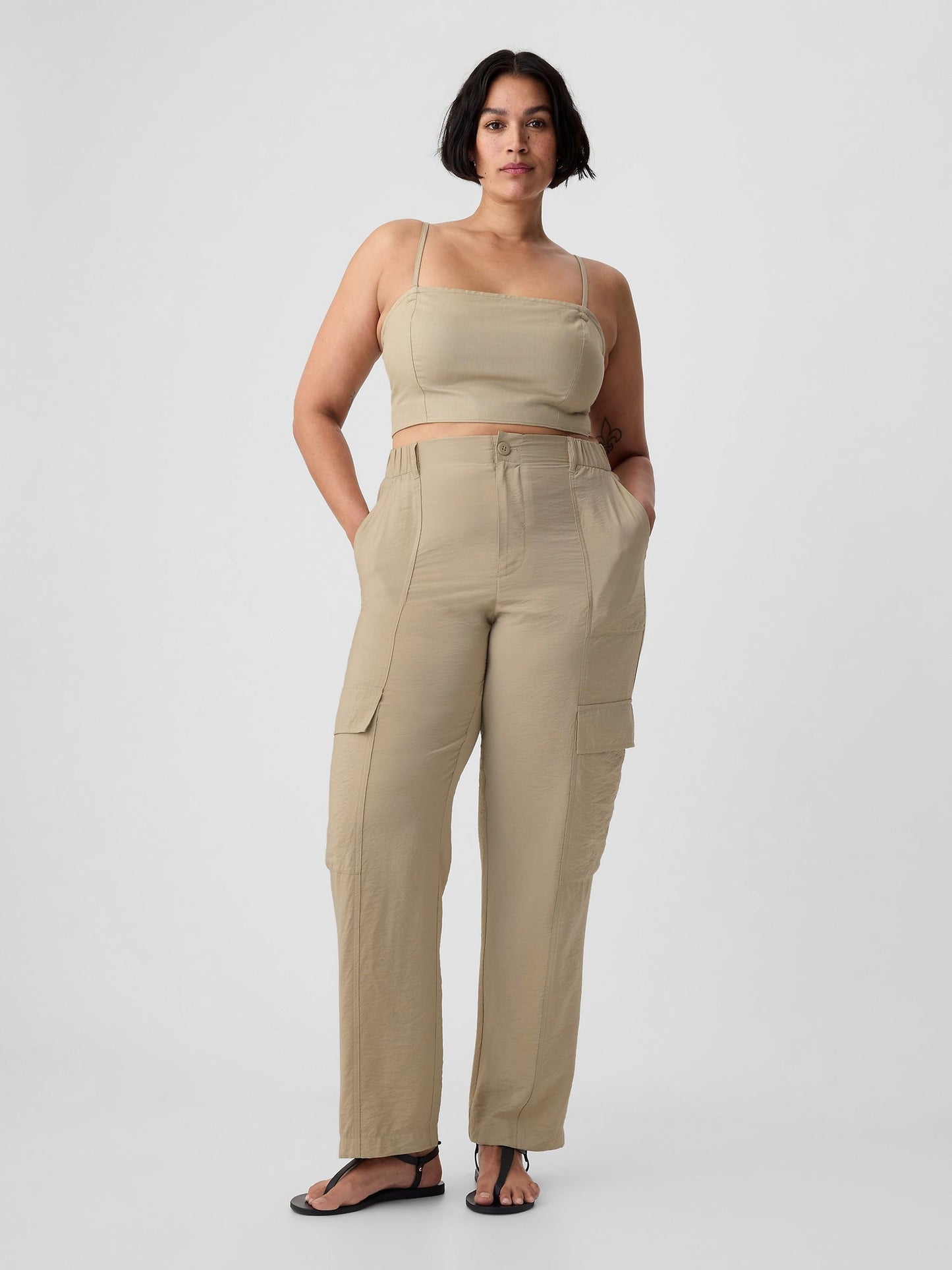 Bej Mid Rise Pull-on Kargo Pantolon