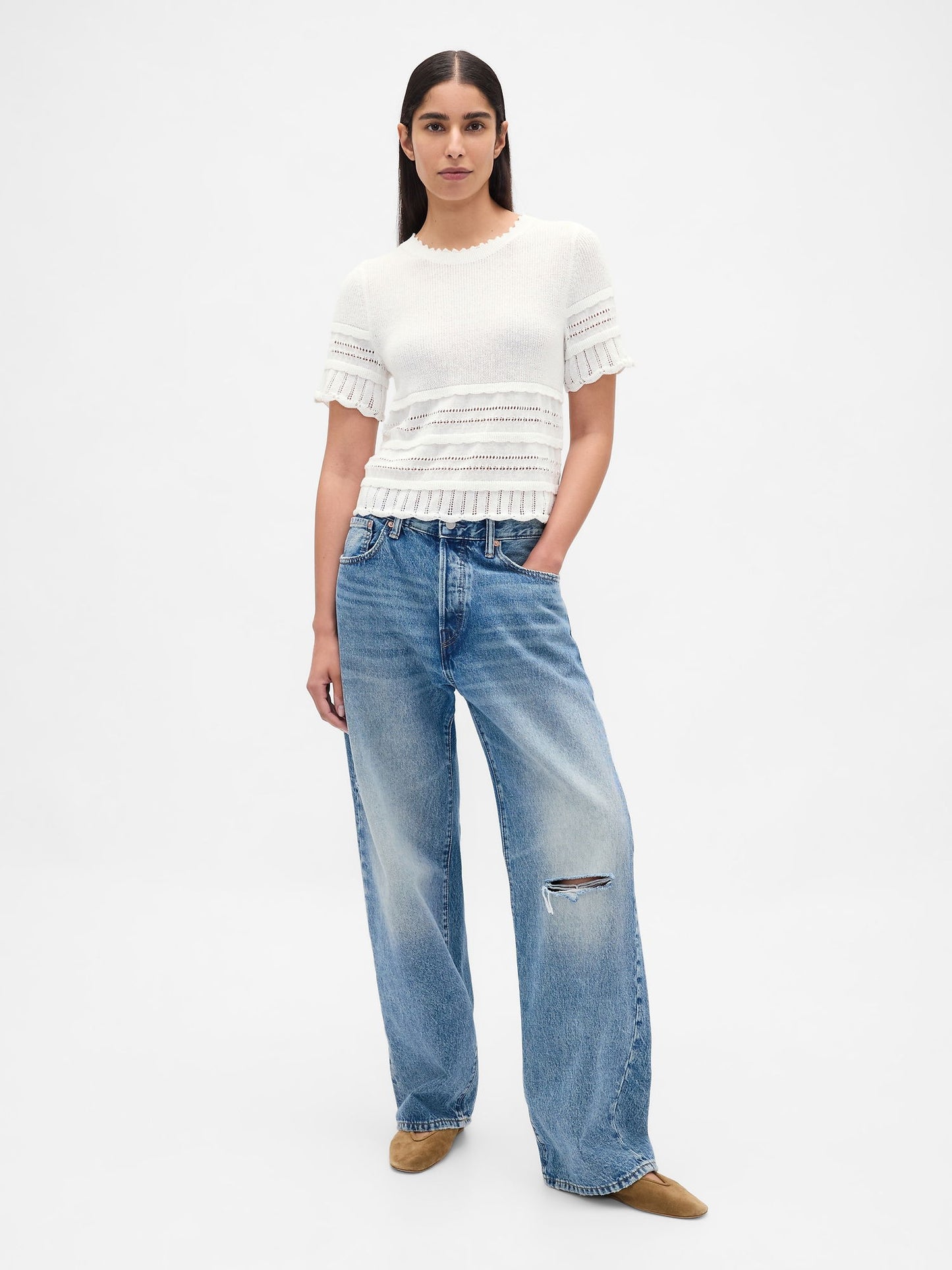 Beyaz Linen-blend Pointelle Crop Kazak