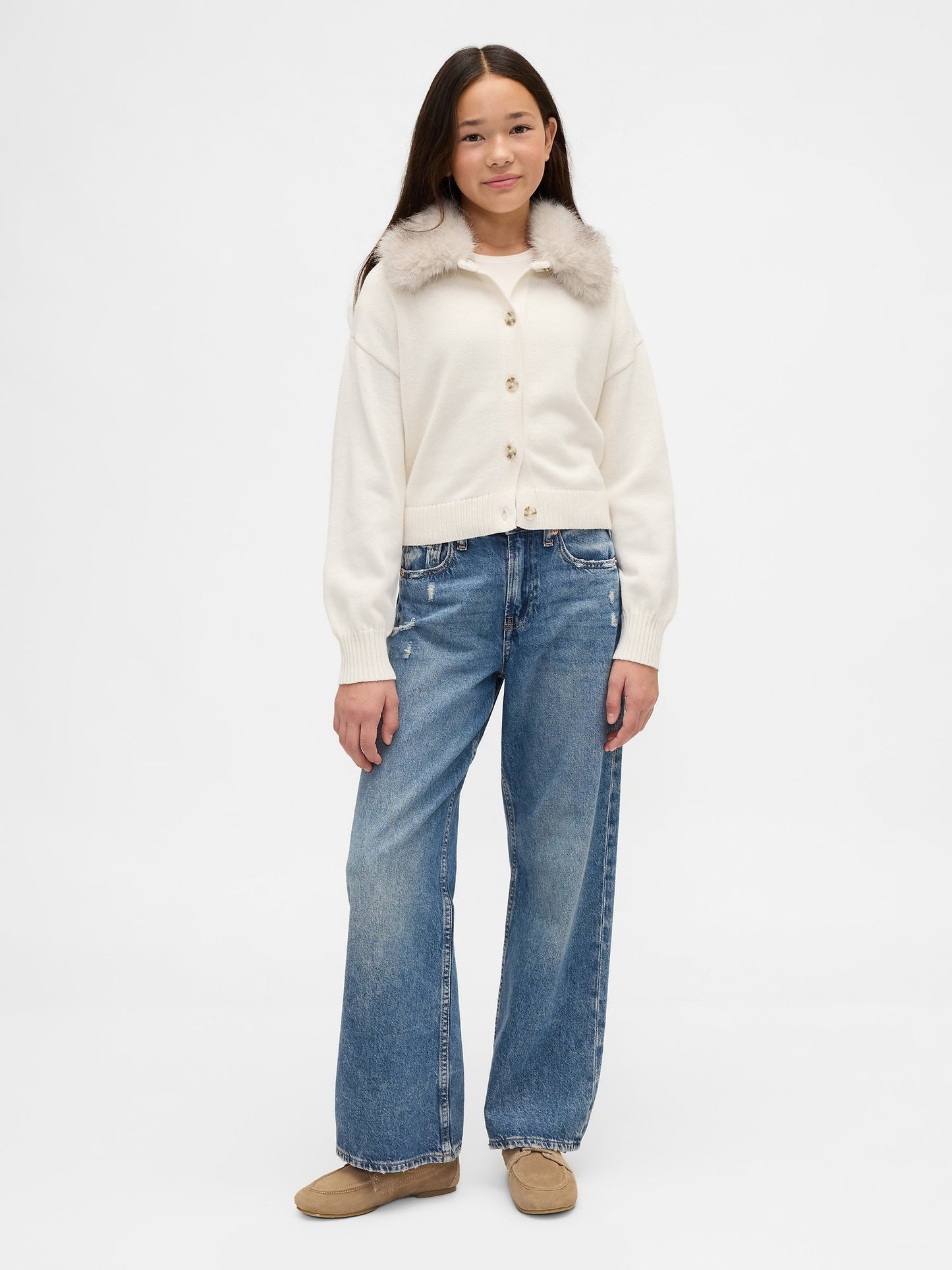 Krem Faux Fur-collar Triko Hırka