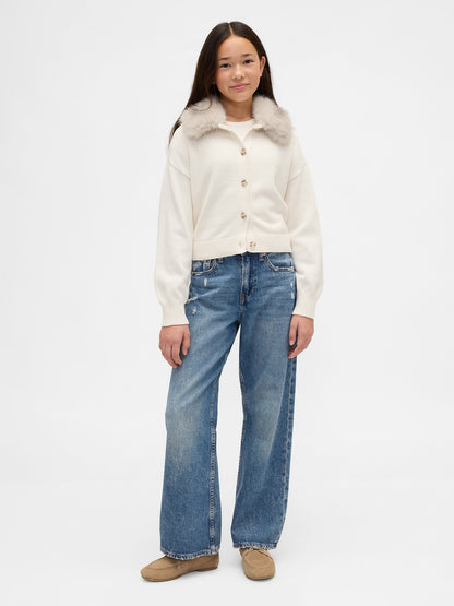 Krem Faux Fur-collar Triko Hırka