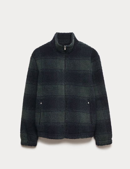 Ekose Desenli Fermuarlı Fleece Ceket