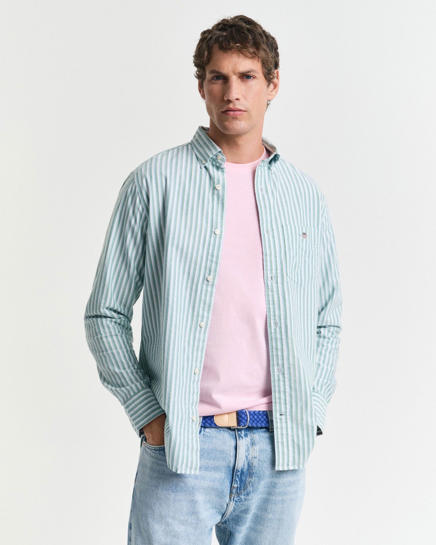 Gant Erkek Yeşil Regular Fit Düğmeli Yaka Çizgili Gömlek