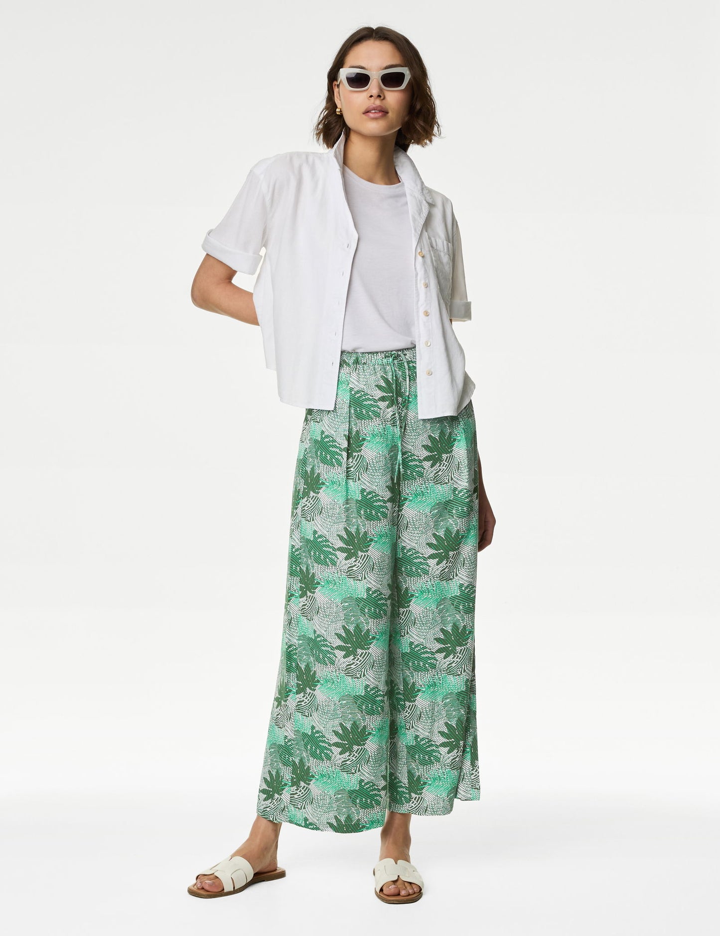 Yüksek Bel Desenli Crop Wide Leg Pantolon