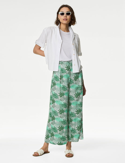 Yüksek Bel Desenli Crop Wide Leg Pantolon
