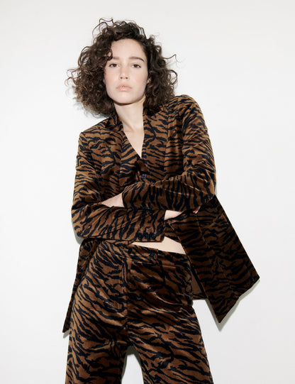 Kadife Leopar Desenli Wide Leg Pantolon