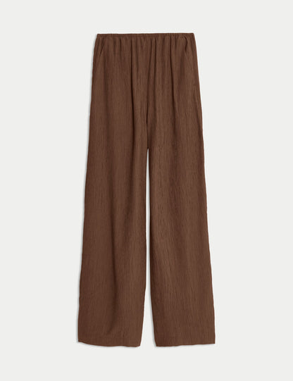 Viskon Karışımlı Kırışık Görünümlü Geniş Paça Pantolon