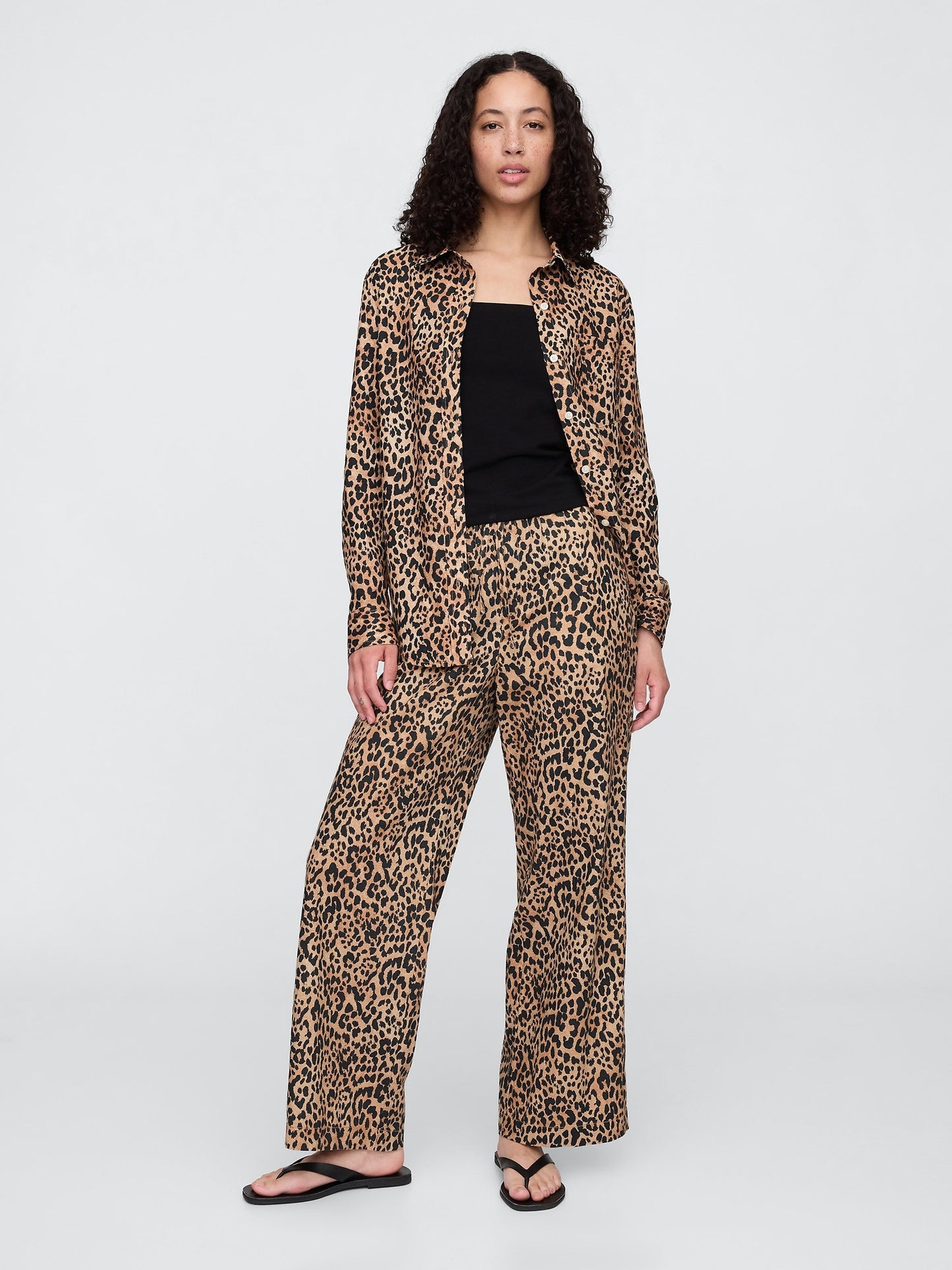 Kahverengi Mid Rise Keten Karışımlı Pull-on Wide-leg Pantolon