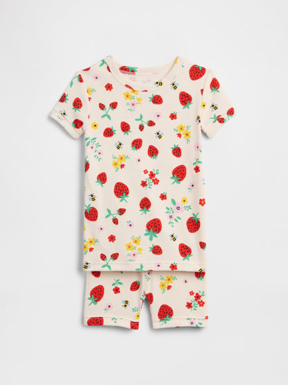 Kırık Beyaz %100 Organik Pamuk Çilek Baskılı Pijama Takımı