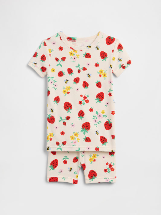 Kırık Beyaz %100 Organik Pamuk Çilek Baskılı Pijama Takımı