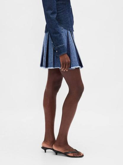 Koyu Mavi Pileli Denim Mini Etek