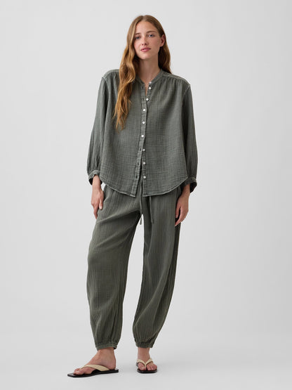 Beyaz Pamuk Gauze Barrel Jogger Pantolon