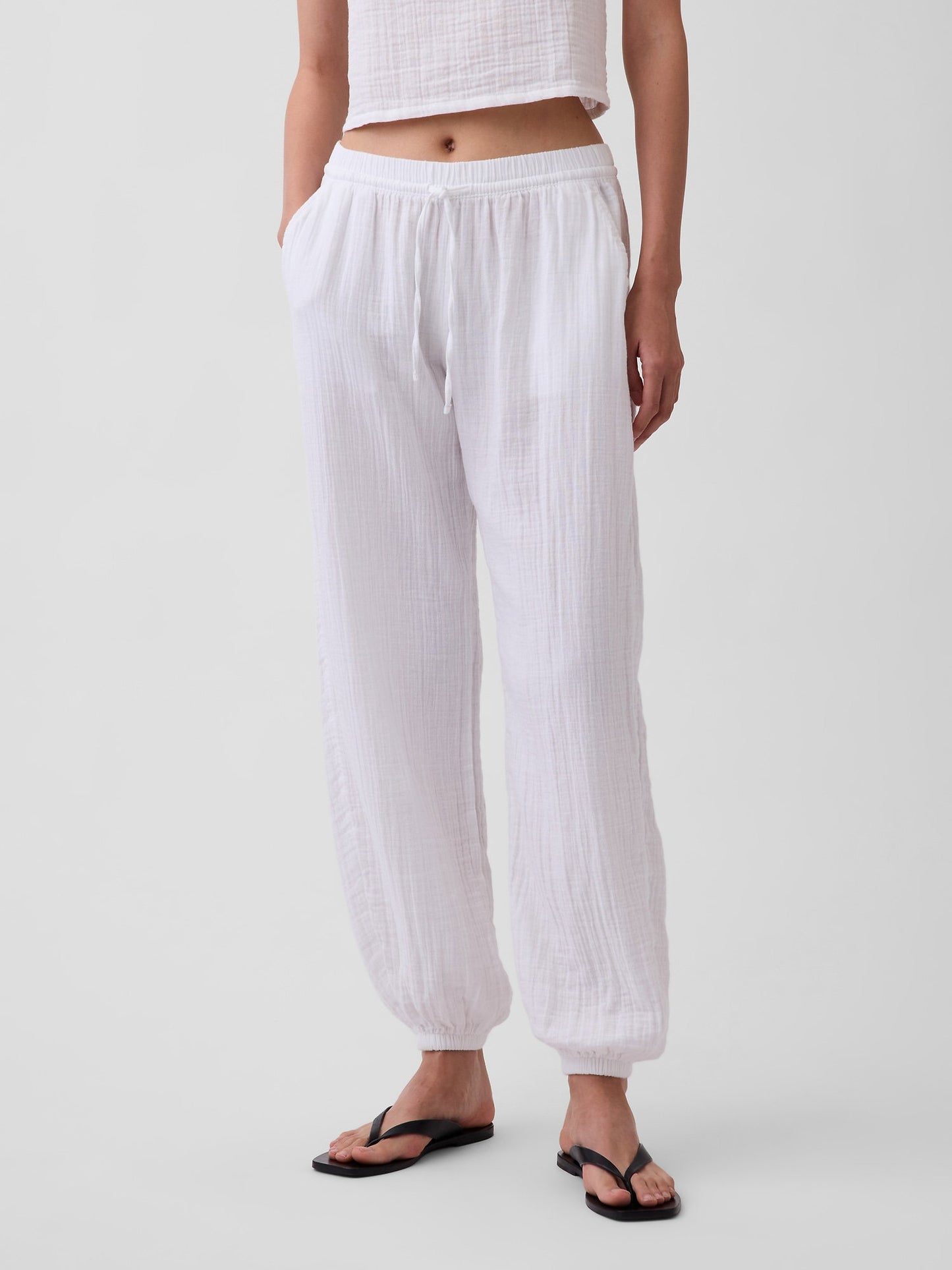 Beyaz Pamuk Gauze Barrel Jogger Pantolon