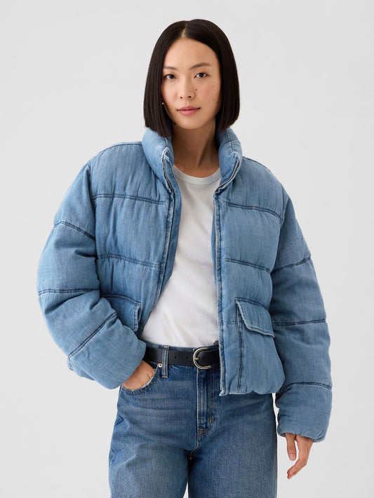 Açık Mavi Oversize Denim Puffer Şişme Ceket