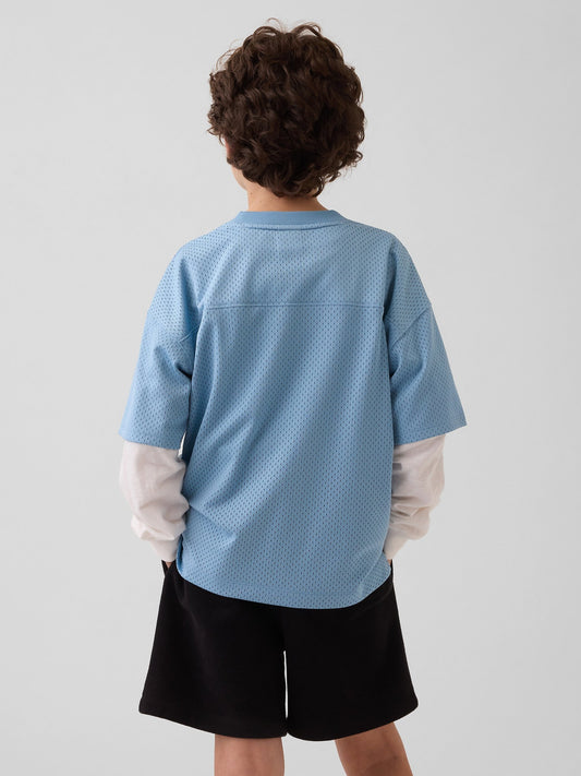 Açık Mavi Mesh Oversized Grafik Jersey T-shirt