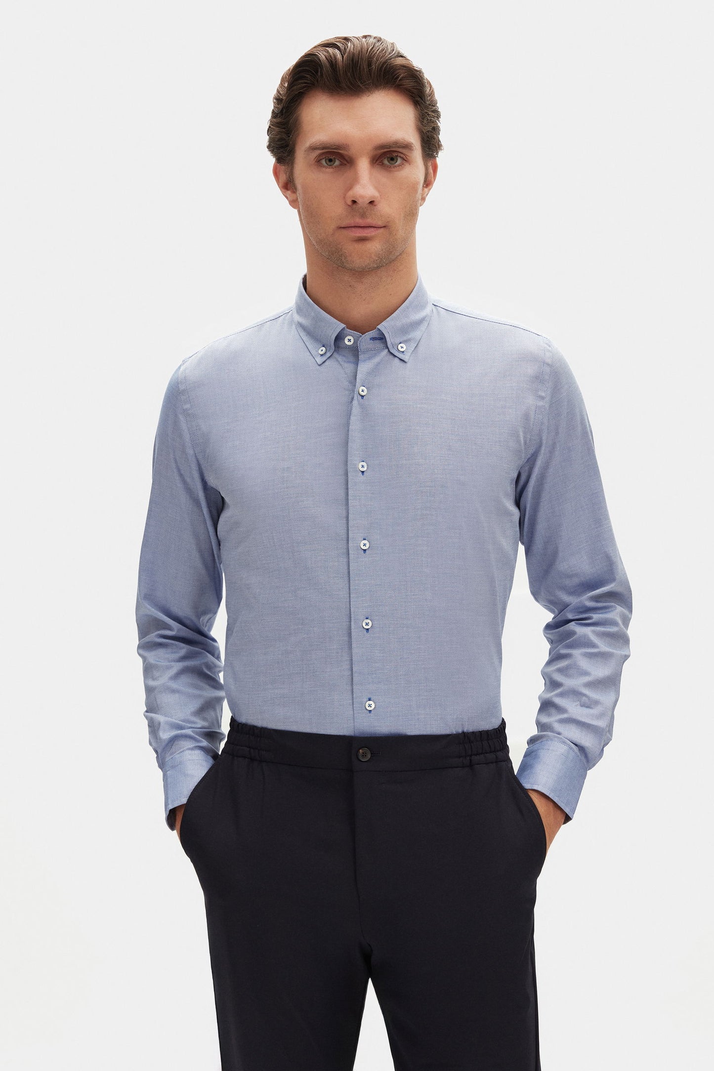 Damat Slim Fit Lacivert Armürlü %100 Pamuklu Gömlek