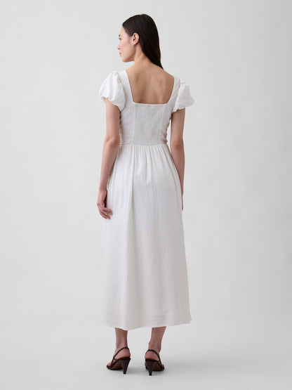 Beyaz Keten Karışımı Drop-waist Maxi Elbise